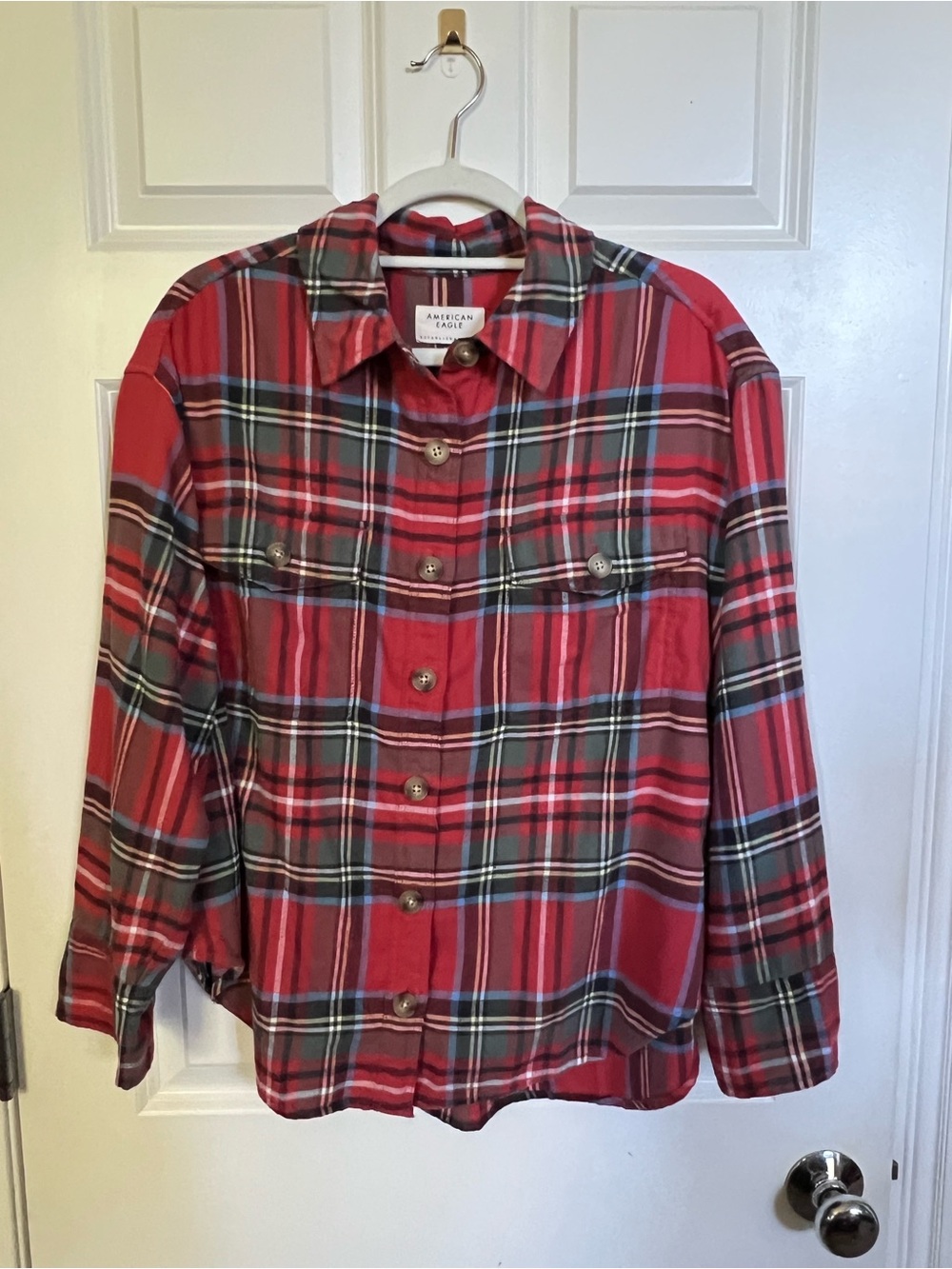 American Eagle Women’s Red Plaid Button-Up Flannel Shirt